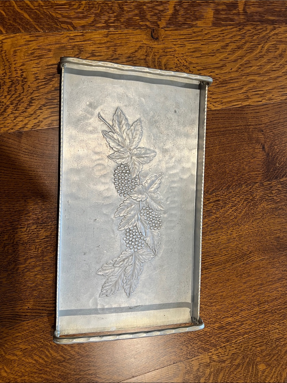 Vintage Silver Metal Vanity Tray with Leaf & Berry Embossing